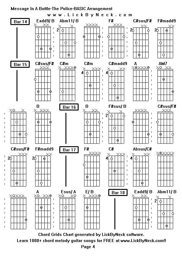 Chord Grids Chart of chord melody fingerstyle guitar song-Message In A Bottle-The Police-BASIC Arrangement,generated by LickByNeck software.